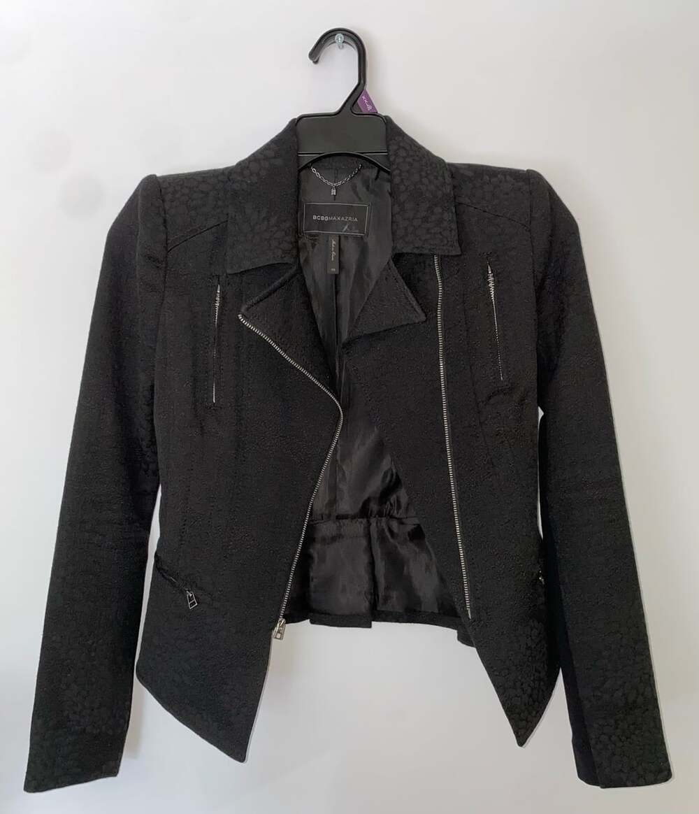 BCBGMAXAZRIA Moto Jacket Size XS Black Textured Zip Up Peplum